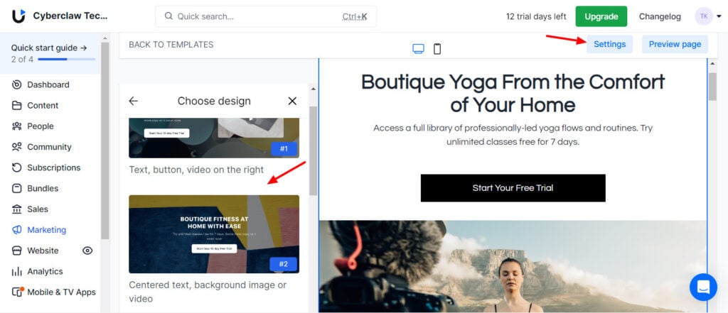 Uscreen landing page creator