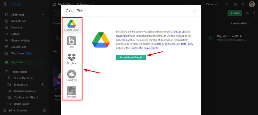 Zoho WorkDrive Review - Better Than Google Drive? 23 Zoho WorkDrive- Cloud storage integrations