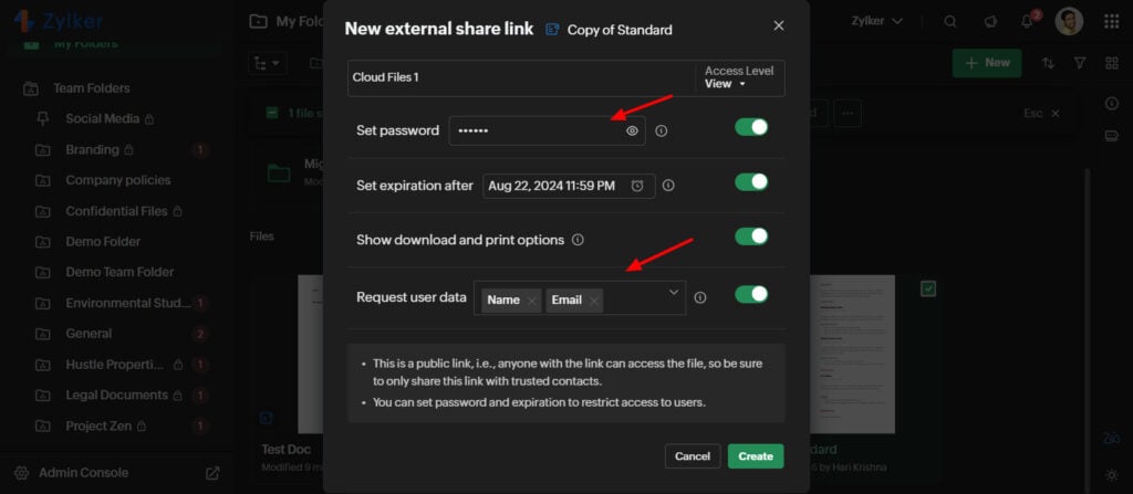 Zoho WorkDrive Review - Better Than Google Drive? 11 Zoho WorkDrive - external share link