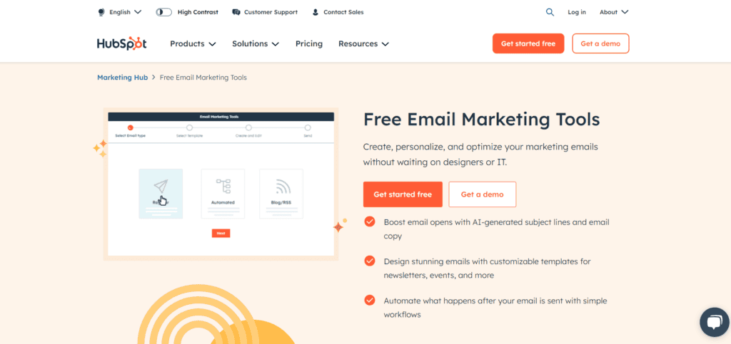 8 Best Free Email Marketing Tools (2026) -Really FREE 25 HubSpot Email homepage
