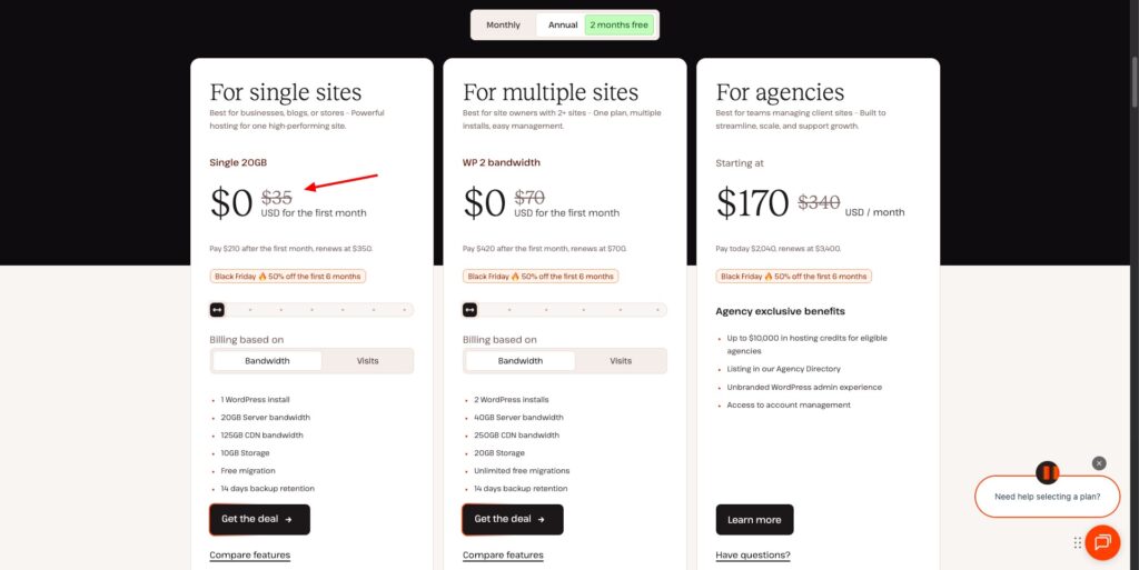 Kinsta black friday deal - choosing a plan