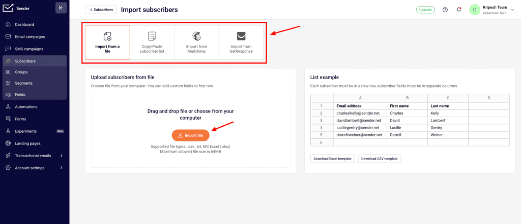 Sender - subscriber adding options