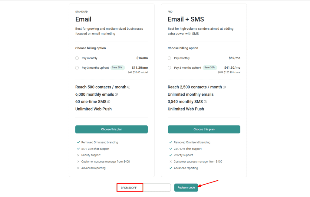 Omnisend Black Friday Deal 2025 (30% OFF for 3 months) 5 Step 5_ Select Plan and Apply the Coupon Code
