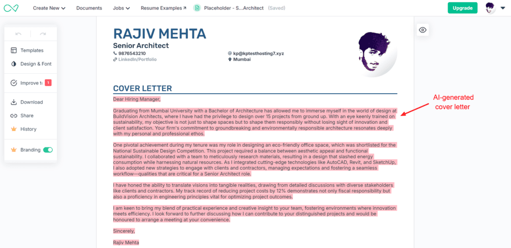 7 Free AI Resume Builders (2026) - Create Killer Resumes in Minutes 2 Enhancv - cover letter generator