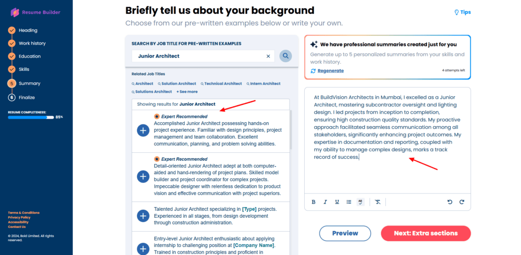 7 Free AI Resume Builders (2026) - Create Killer Resumes in Minutes 13 Resume Builder - AI generated summaries
