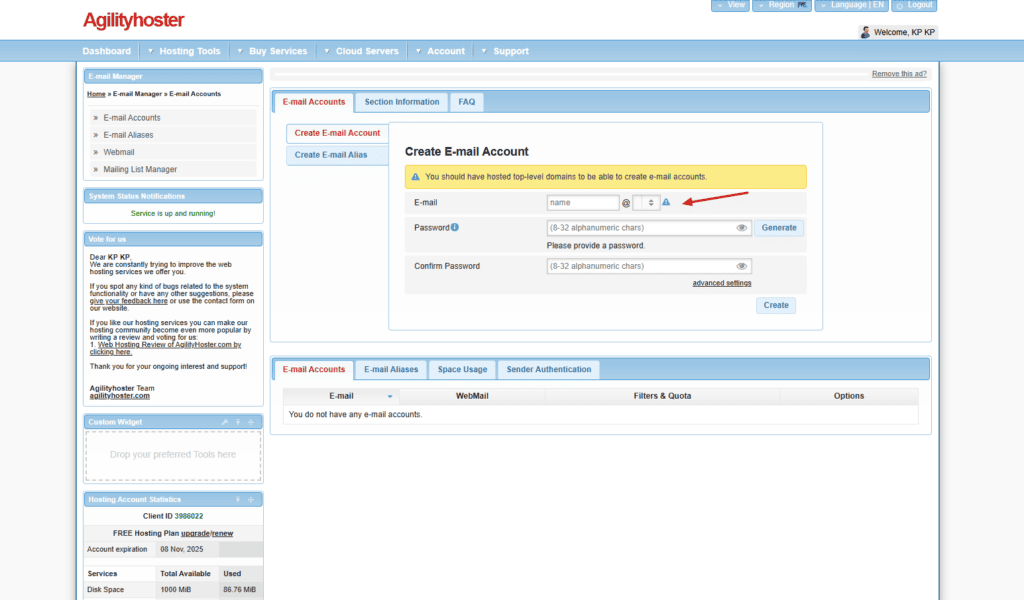AgilityHoster - email account