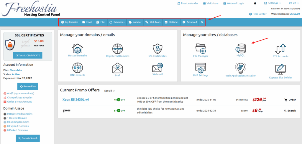 FreeHostia dashboard