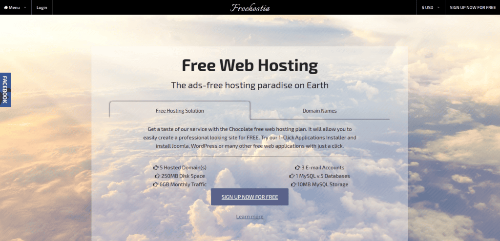 FreeHostia homepage