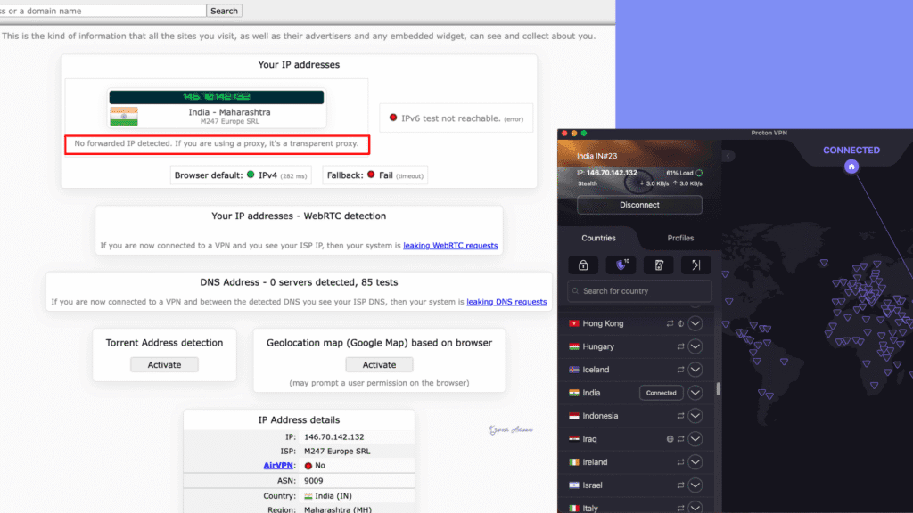 Proton VPN DNS leak test result

