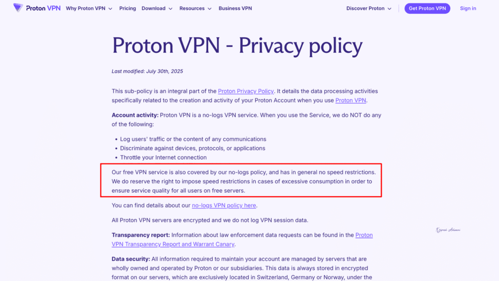 Proton VPN bandwidth throttling statement
