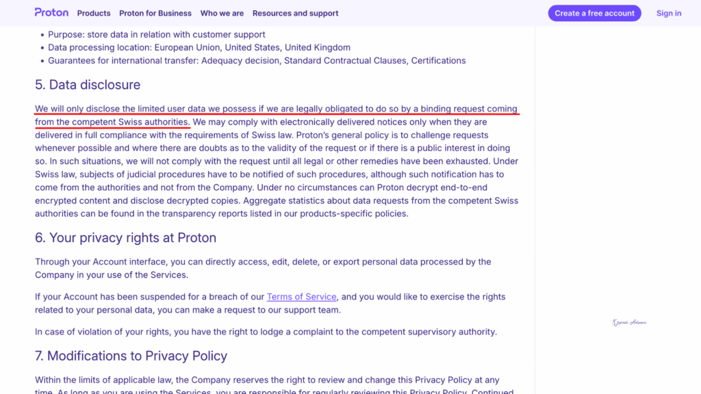 Proton VPN data disclosure statement

