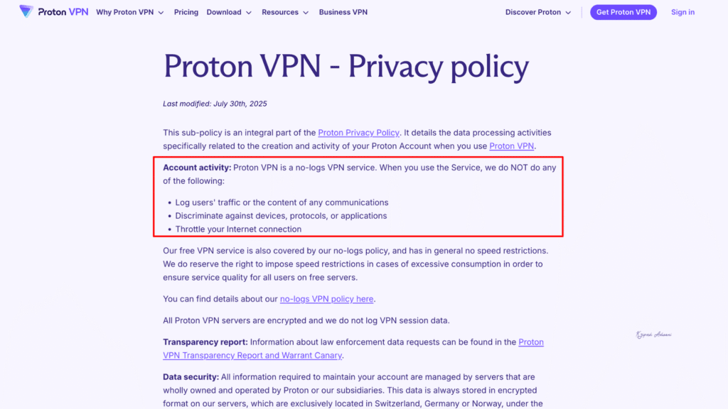 Proton VPN privacy policy statement
