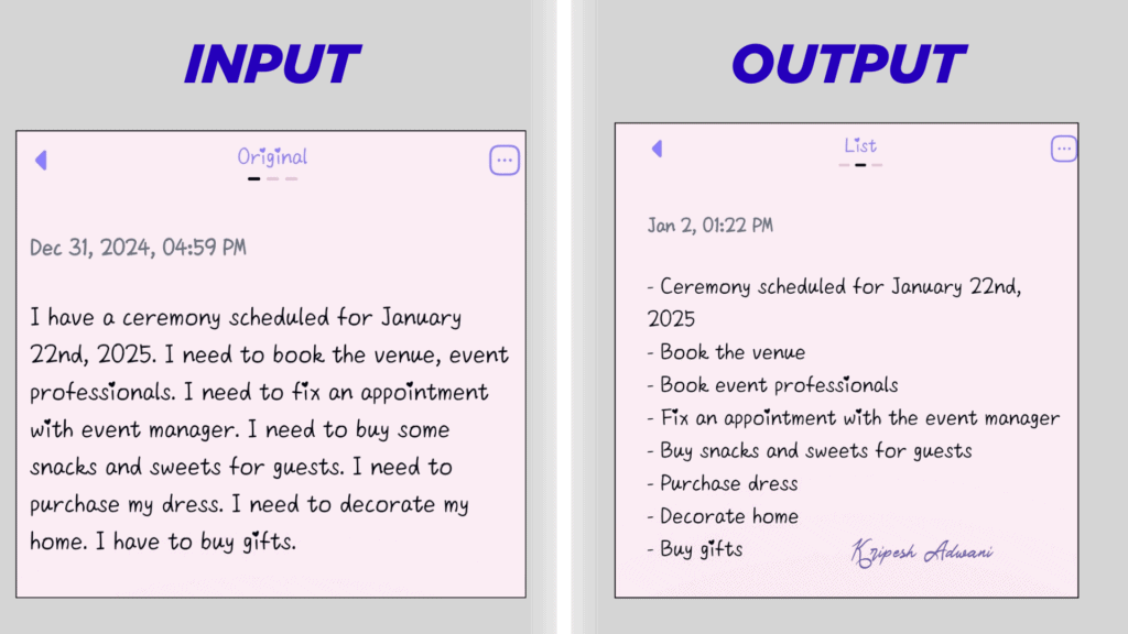 Voice to Quick Notes Output