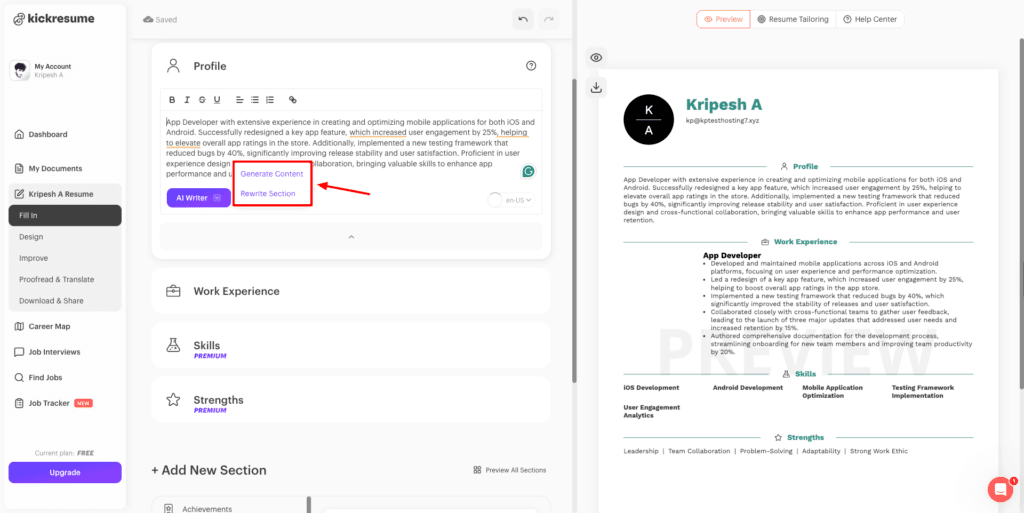 Kickresume - AI Writer option
