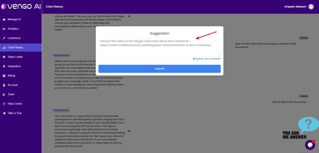 Vengo AI Review (2026) - Build AI Sales Agent For Cheap 4 Vengo AI - chat history suggestions