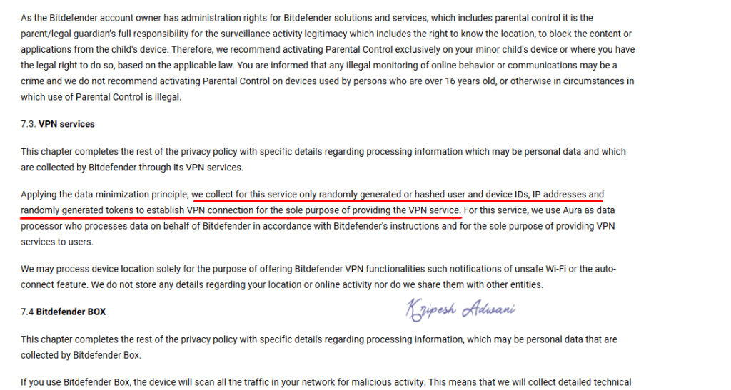 Bitdefender VPN privacy policy
