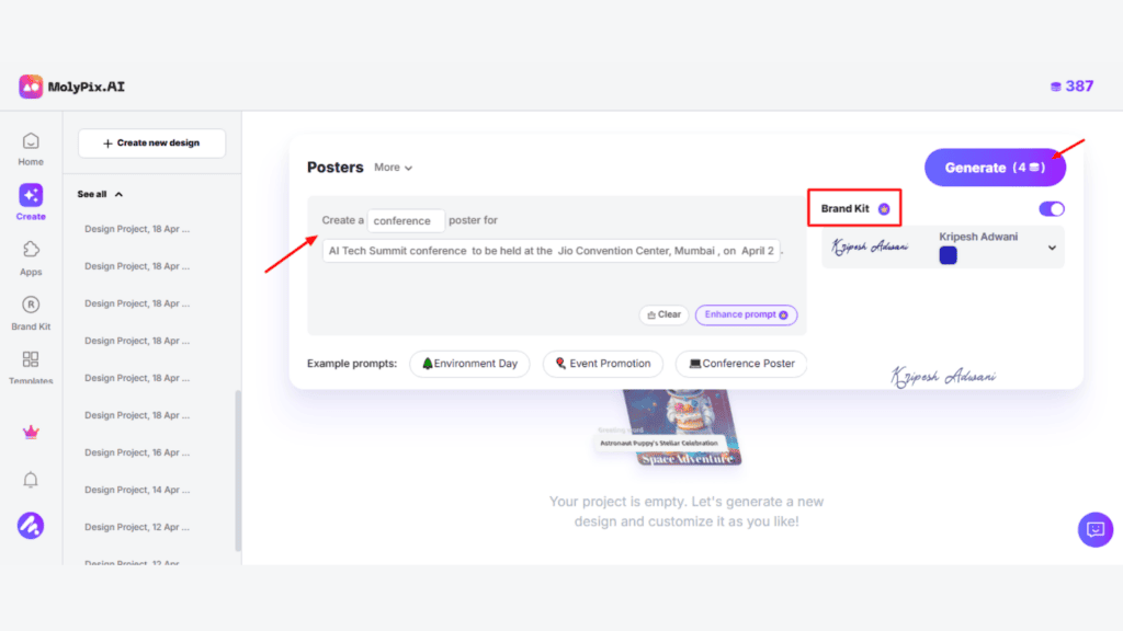 Molypix AI Review (2026) - Best AI Design Tool? 9 Poster Maker Interface 1