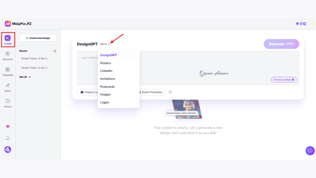 Molypix AI Review (2026) - Best AI Design Tool? 3 Step 2 Choose the Design Type