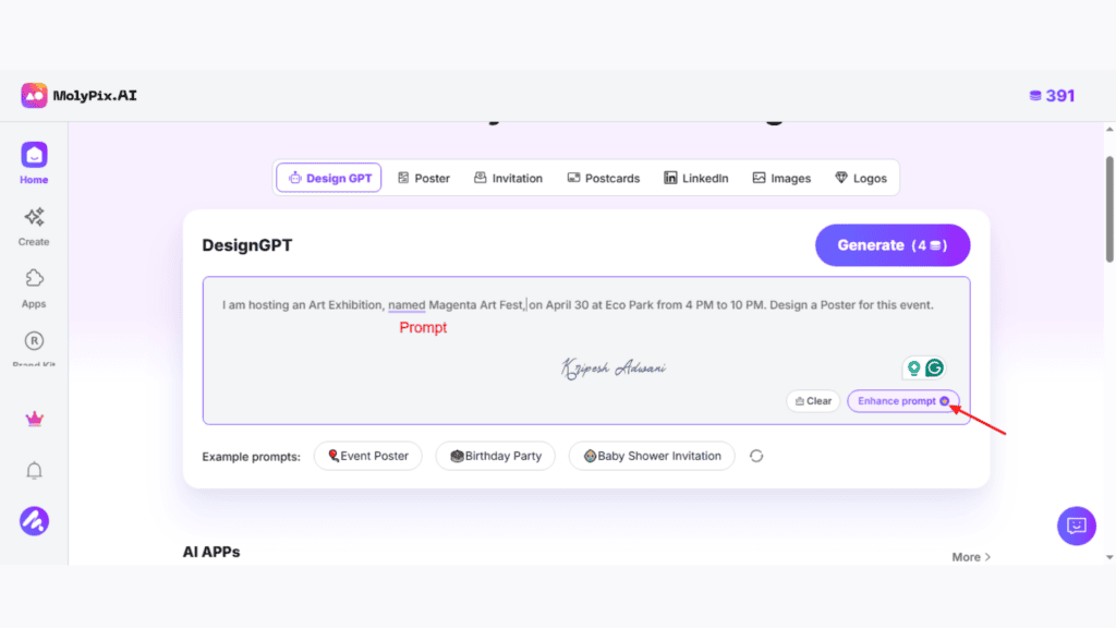 Molypix AI Review (2026) - Best AI Design Tool? 4 Step 3 Write the Prompt 1
