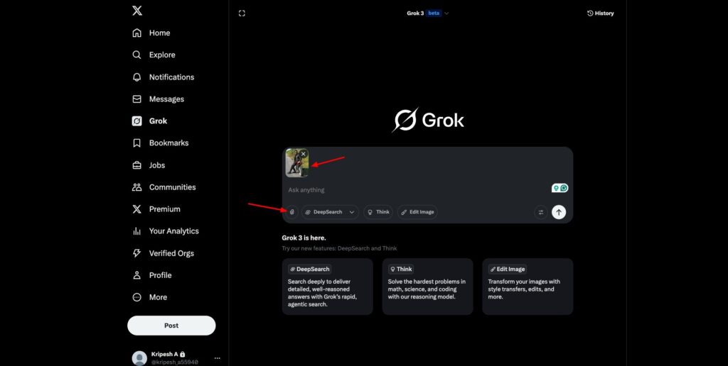 Uploading image in Grok AI
