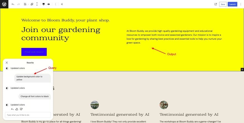 WordPress AI Website Builder - Design Adjustment