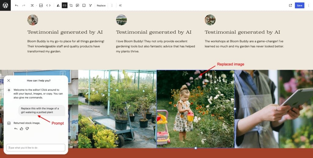 WordPress AI Website Builder - Editing with Prompts