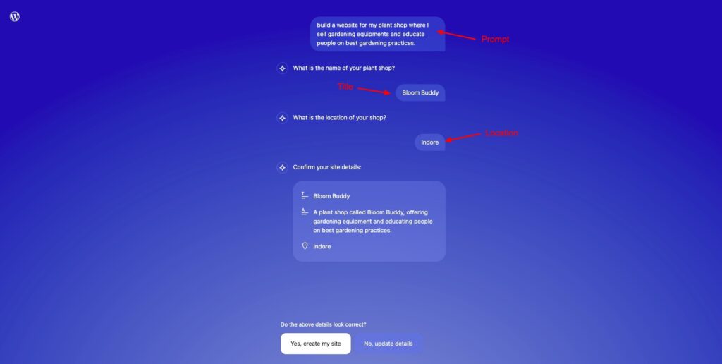 WordPress AI Website Builder - Enter prompt