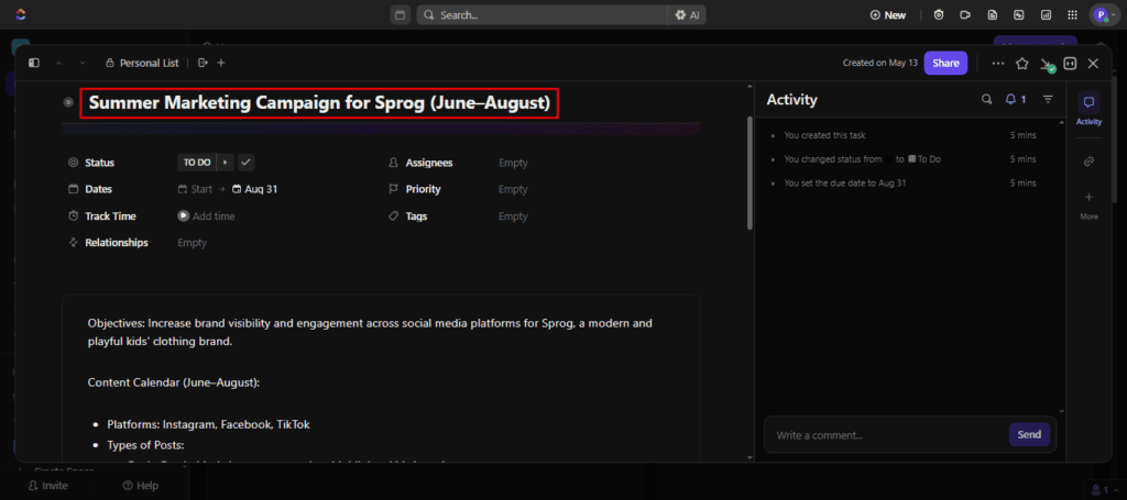 ClickUp Brain Output