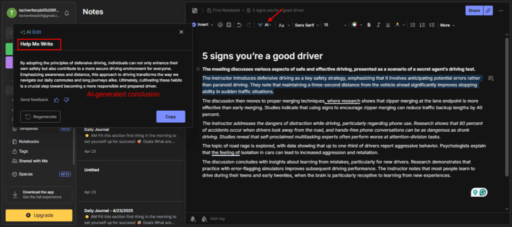 Evernote Writing Assistant