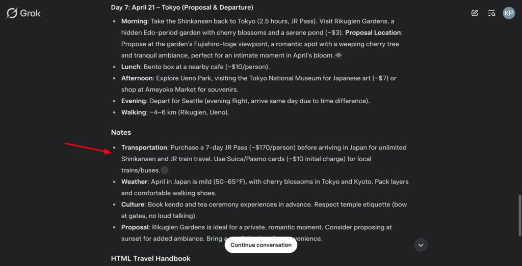 Grok - Travel itinerary