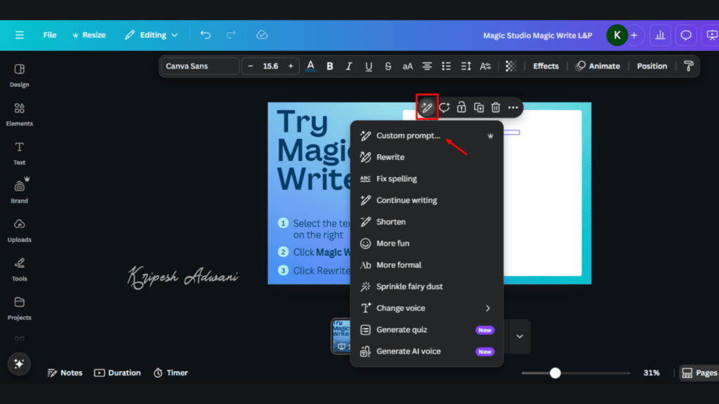 How to Use AI in Canva (2026): 12 Powerful Methods To Create Better Designs Faster 12 Magic Write Toolbar