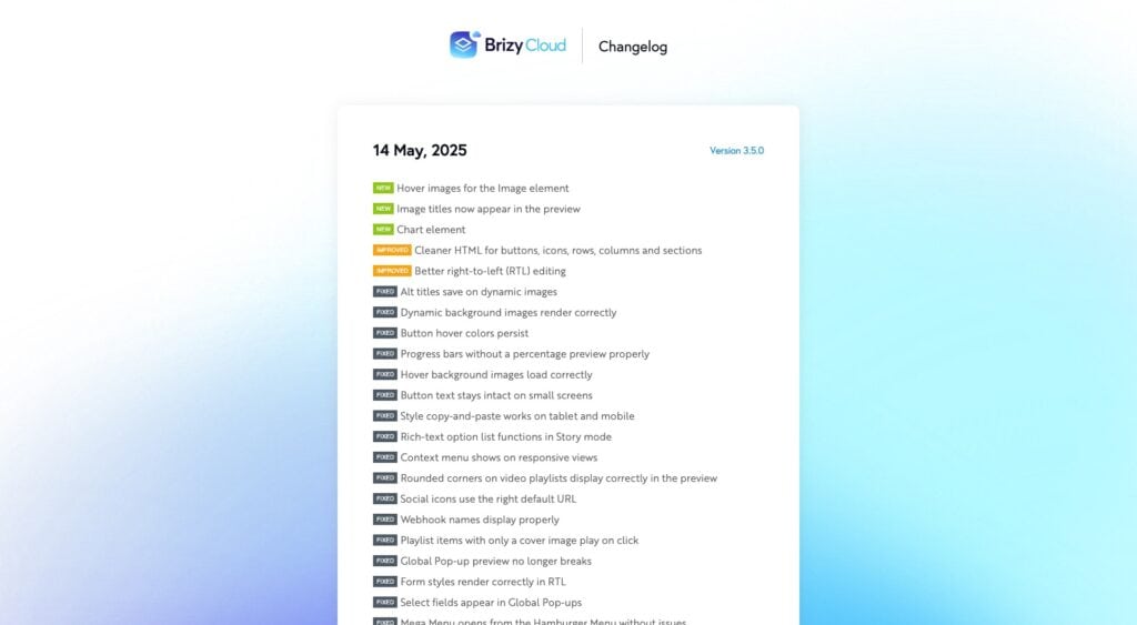 Brizy Cloud Review (2026) - AI Web Builder For Easy & Cheap Websites 13 Brizy Cloud - Changelog