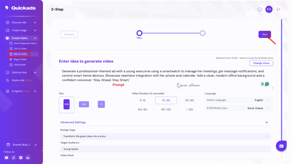 Idea to Video Generator UI