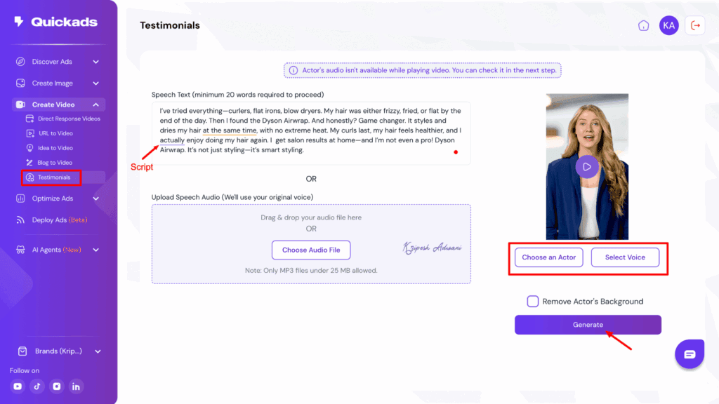 Testimonial video generator UI