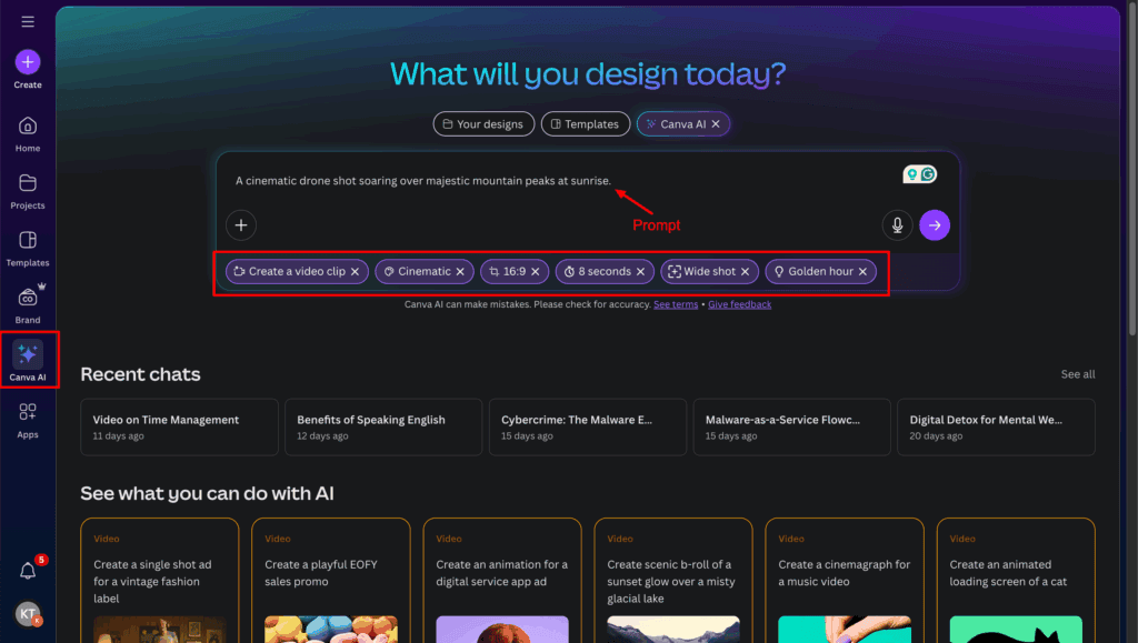How to Use AI in Canva (2026): 12 Powerful Methods To Create Better Designs Faster 23 Canva AI Video Generator Interface 3