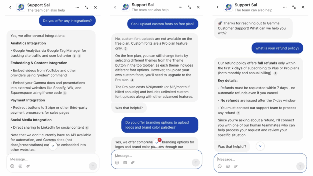 Gamma AI - live chat support