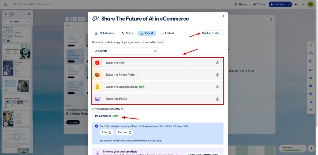 Gamma - export options