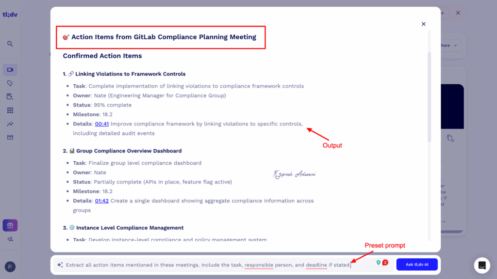 Ask tl_dv AI Chat Output