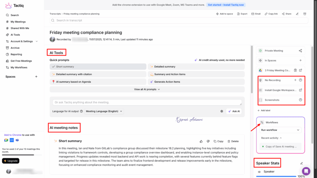 Tactiq Meeting Dashboard