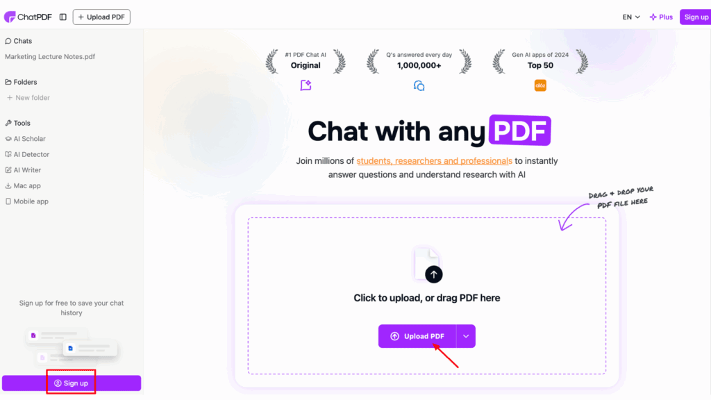 AI Tools For Chatting With PDF - ChatPDF UI