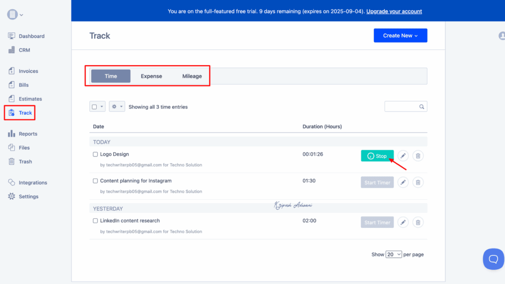 Hiveage time tracking feature