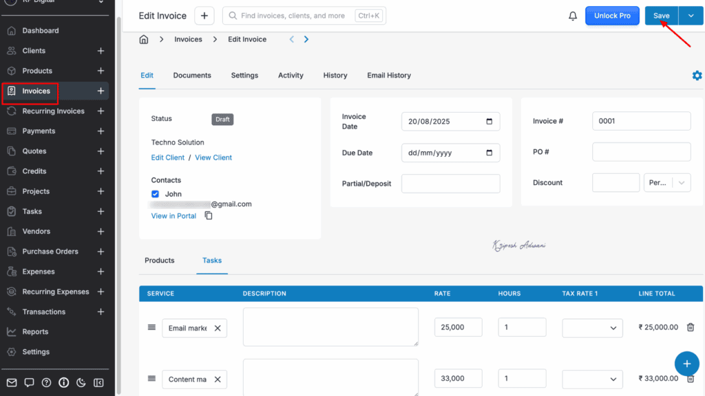 Invoice Ninja invoice generation