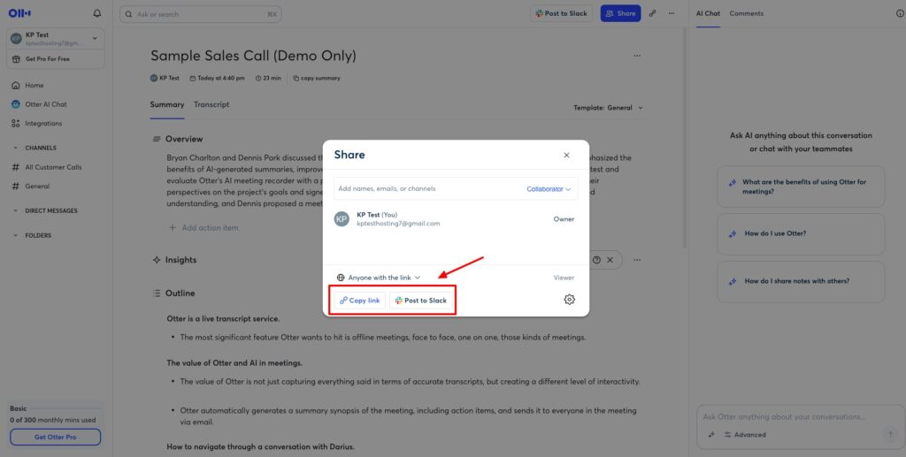 Otter AI - share meeting notes