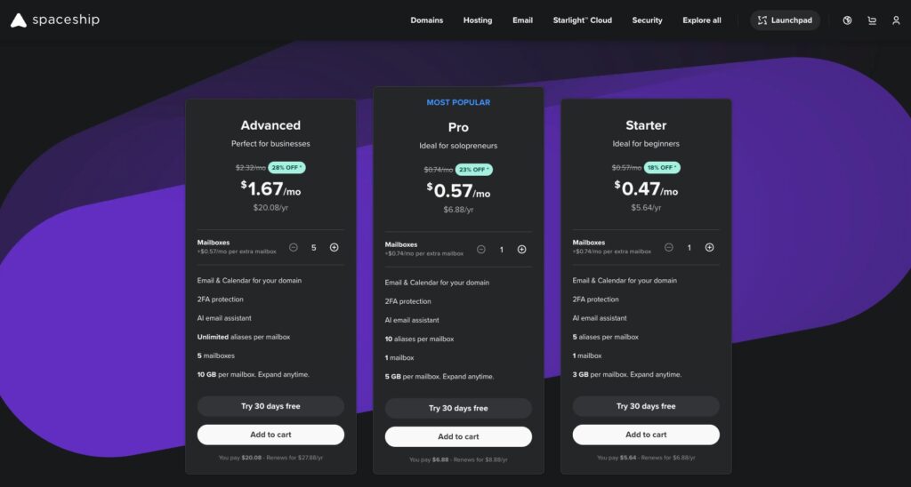 Spaceship Black Friday Deal 2025 - Cheap Domains, Hosting, and Email 3 Spaceship BF deal - emails