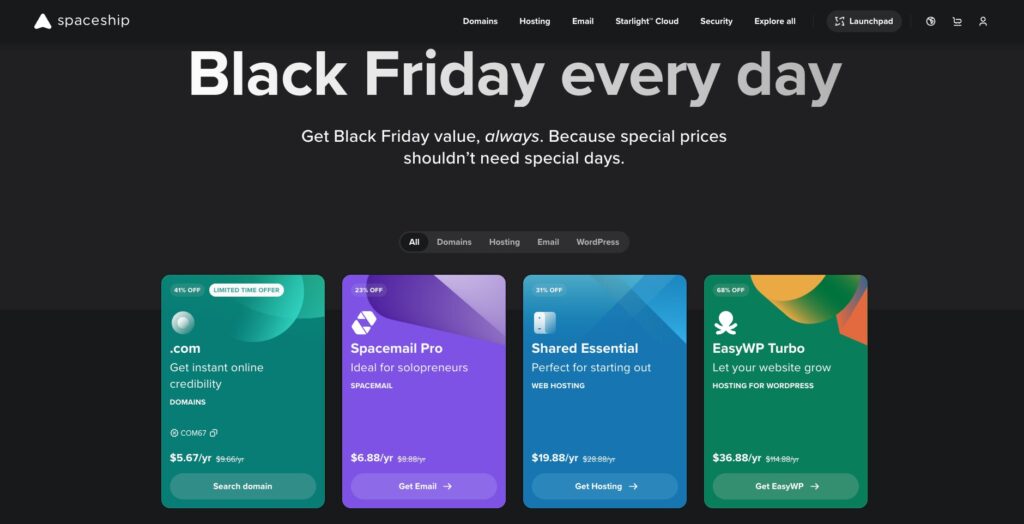 Spaceship Black Friday Deal 2025 - Cheap Domains, Hosting, and Email 1 Spaceship Black Friday Deal Page