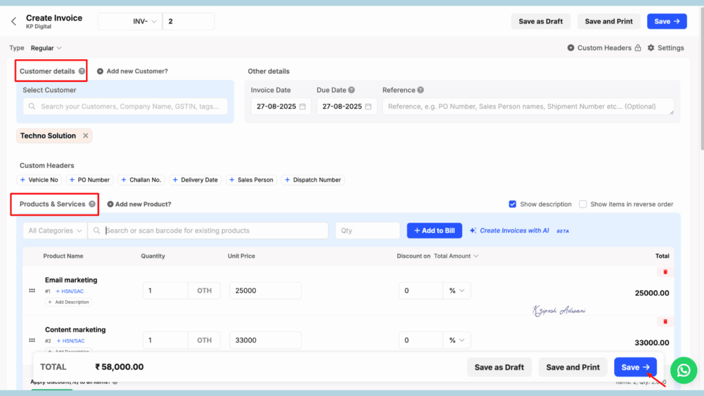 Swipe invoice generation