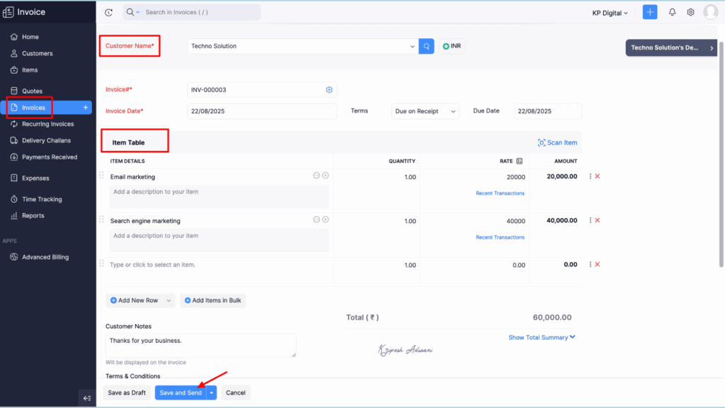 Zoho Invoice invoice generation