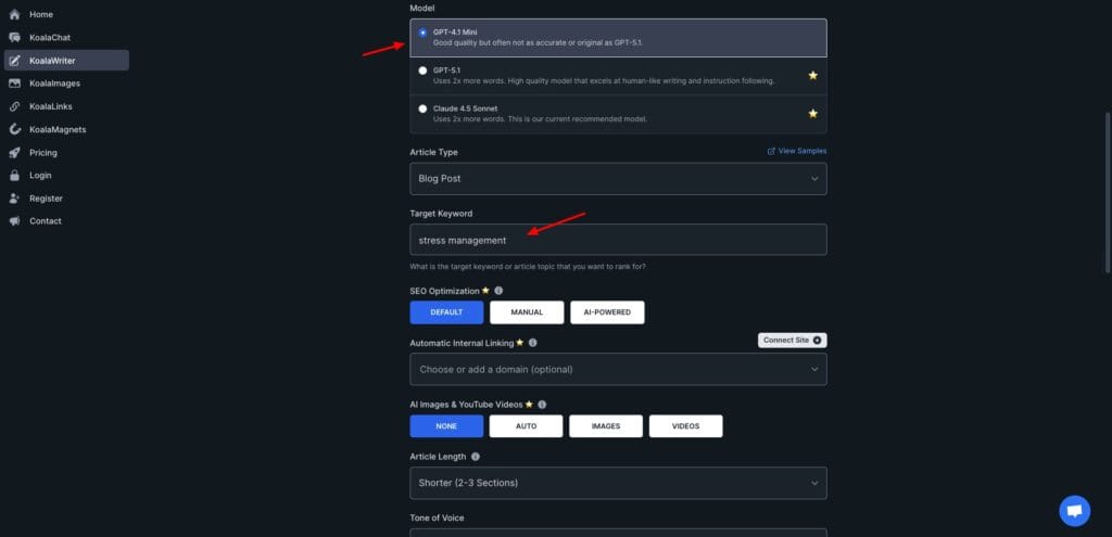 Koala Writer - blog generation settings

