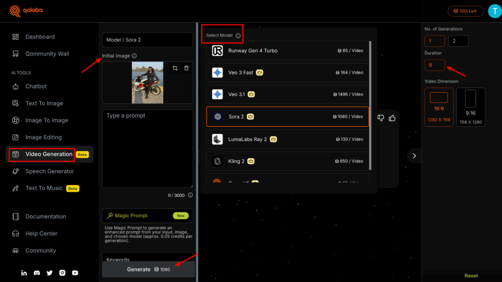 Qolaba video generation UI

