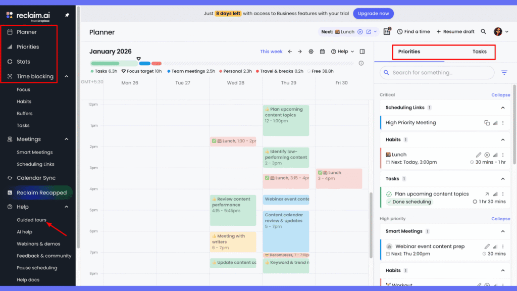 Reclaim AI User interface